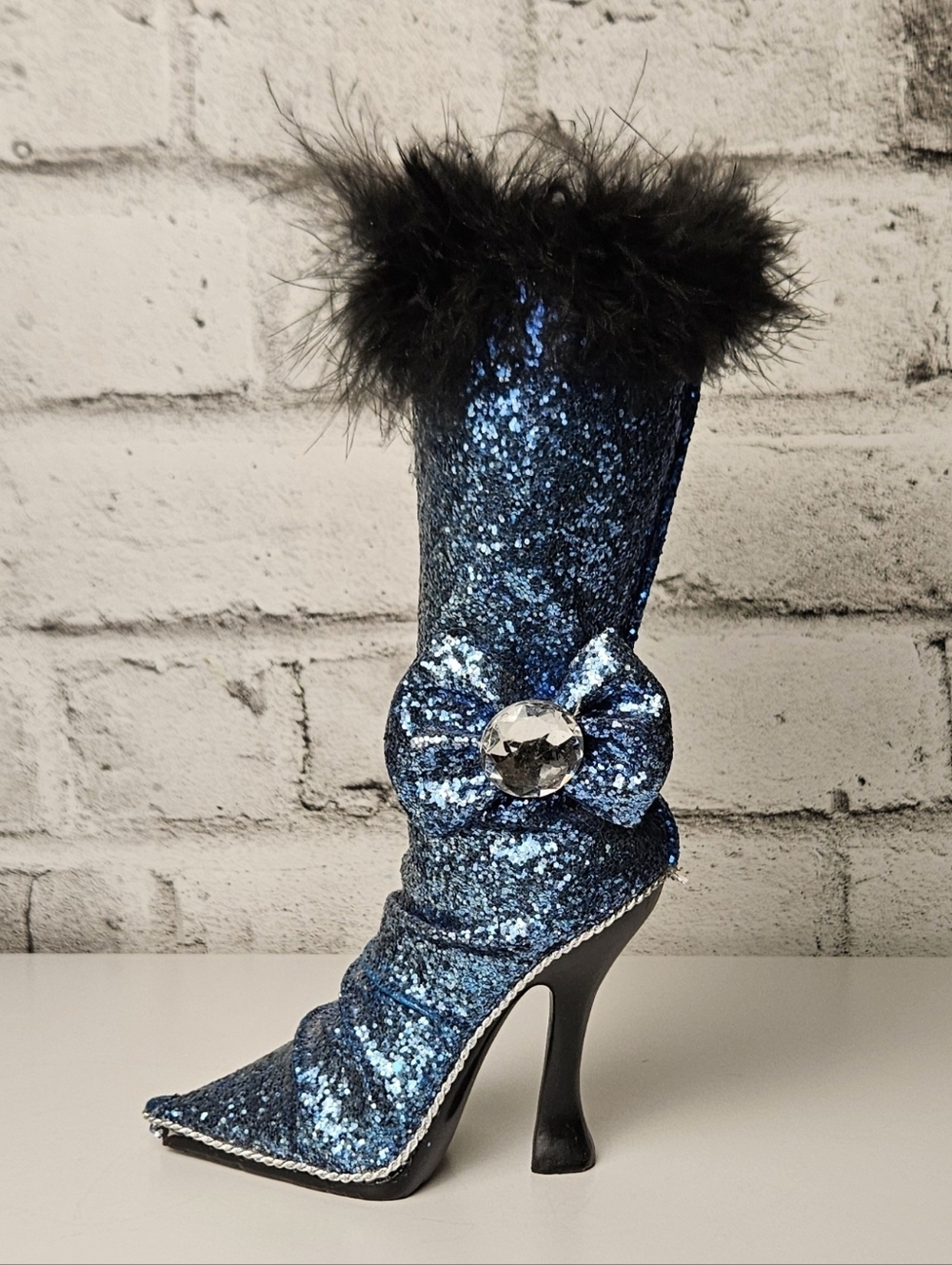 Blue Glitter High Heel Boot Coin Bank Feather Glam Decor 9”